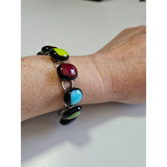 Silver tone black colorful glass bracelet - Picture 2 of 10